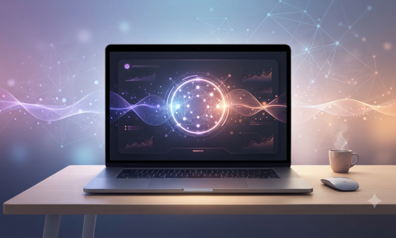 Claude AI assistant interface glowing on a laptop screen, representing Anthropic's AI chatbot