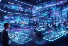 Artificial intelligence news digital newsroom concept with holographic AI data screens