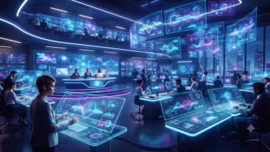 Artificial intelligence news digital newsroom concept with holographic AI data screens