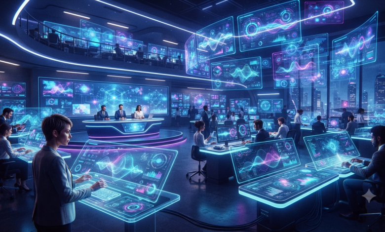 Artificial intelligence news digital newsroom concept with holographic AI data screens