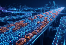 Digital highway illustration showing network congestion and data traffic