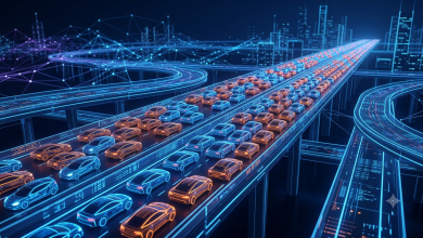 Digital highway illustration showing network congestion and data traffic