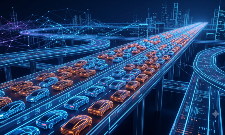 Digital highway illustration showing network congestion and data traffic