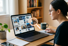 Person fact-checking technology news websites on laptop, drovenio review