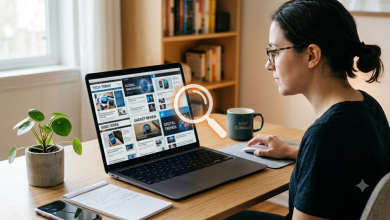 Person fact-checking technology news websites on laptop, drovenio review