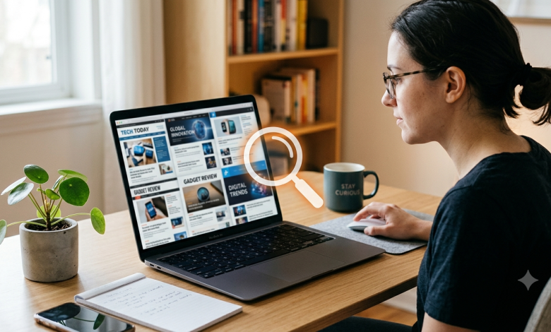 Person fact-checking technology news websites on laptop, drovenio review