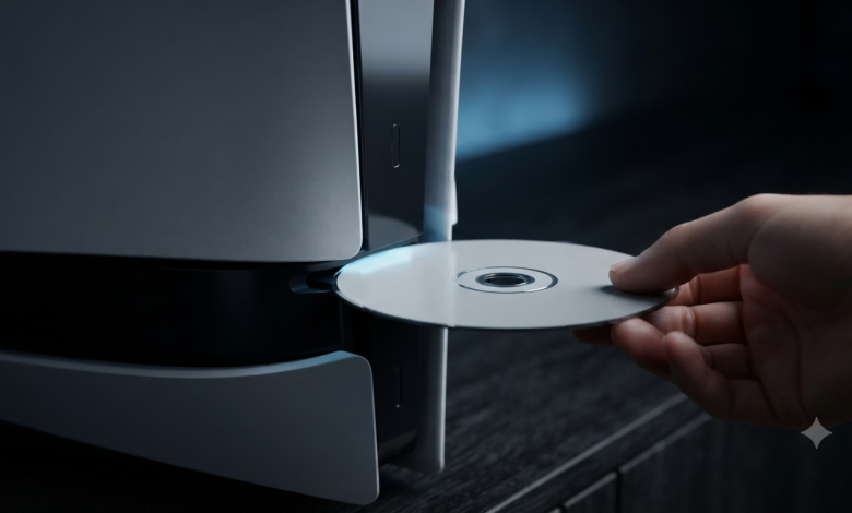 PlayStation 5 console with physical game disc being inserte
