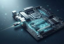 Motherboard with a USB flash drive nearby, illustrating a BIOS firmware update in progress