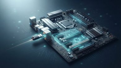 Motherboard with a USB flash drive nearby, illustrating a BIOS firmware update in progress
