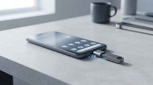 Android smartphone connected to a USB flash drive using a USB-C OTG adapter