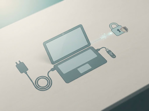 Laptop connected to power next to a USB drive and a padlock icon representing BIOS update safety precautions