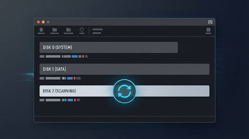 Simplified illustration of a disk management interface showing a drive rescan action