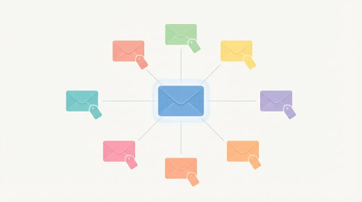 Diagram-style illustration of one main inbox connected to several smaller disposable email aliases 