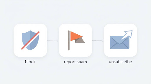 Three icons representing blocking, reporting as spam, and unsubscribing from an email 