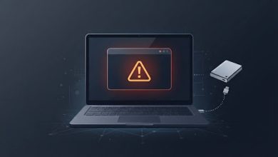 Illustration of a laptop showing a device connection error alongside a disconnected external drive icon