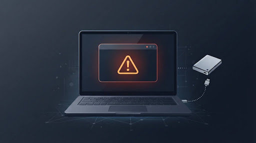 Illustration of a laptop showing a device connection error alongside a disconnected external drive icon