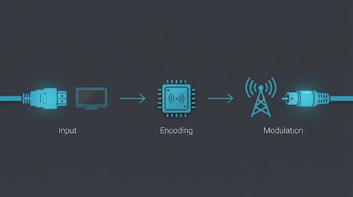 Three-step diagram showing HDMI input, encoding, and RF modulation stages