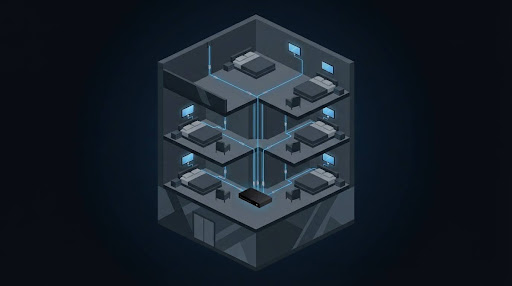 Illustration of one HDMI source distributing a signal to multiple TVs through coaxial cabling in a multi-room building