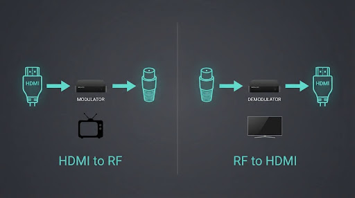 Side-by-side comparison illustration of an HDMI-to-RF modulator versus an RF-to-HDMI converter