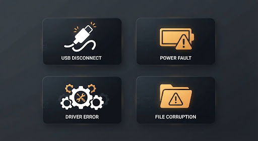 Grid illustration showing four common causes of a Windows device connection error: cable, power, driver, and file system issues