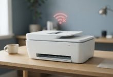 HP printer on a desk with an offline status indicator light
