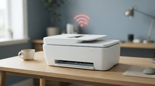 HP printer on a desk with an offline status indicator light