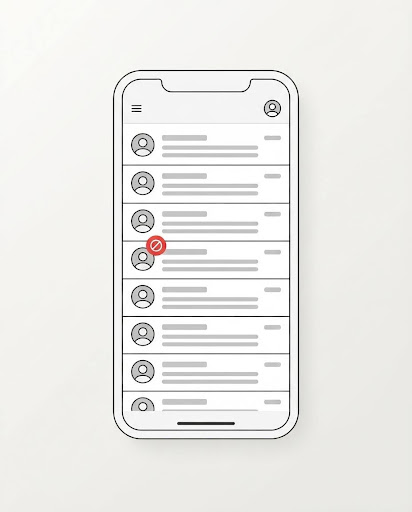 Generic smartphone email inbox showing a blocked-sender indicator over a contact 