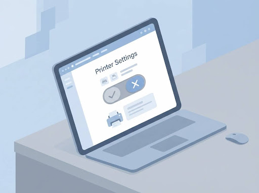 Conceptual illustration of a printer status toggle setting on a laptop screen 