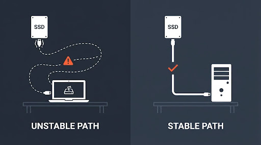 ssd-usb-connection-stability-diagram.webp Alt Text: Comparison illustration showing an unstable USB enclosure connection