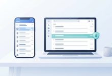 Illustration of a laptop and phone showing simplified email inbox interfaces with a blocking icon beside one message