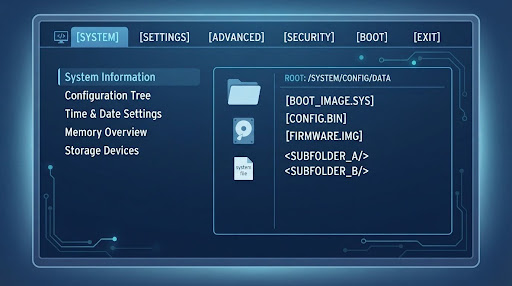 Illustrated recreation of a UEFI setup screen with a file-browser panel used for flashing a BIOS update
