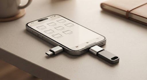 USB flash drive connected to an iPhone through an adapter next to a generic file browser screen