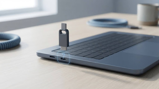 USB flash drive hovering near a laptop port with a visual gap suggesting a failed connection