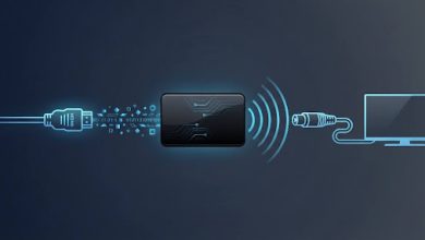 Diagram-style illustration showing an HDMI signal being converted into a radio-frequency signal for coaxial cable distribution