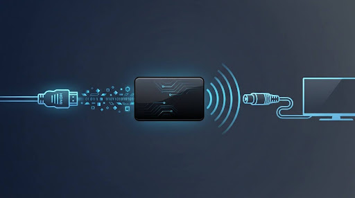 Diagram-style illustration showing an HDMI signal being converted into a radio-frequency signal for coaxial cable distribution