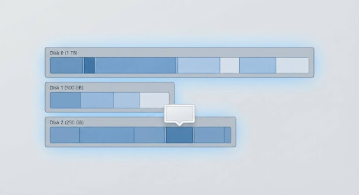 Simplified diagram of disk partitions, one shown without an assigned drive letter
